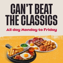 A graphic promoting classics at Flaming Grill.