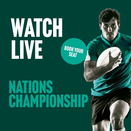 A banner with a green background featuring a rugby player and the wording "Watch Live - Nations Championship - Book Your Seat" to advertise a sporting event at Greene King Pubs.