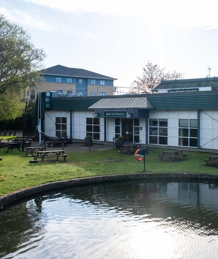 External view of a pub by the water