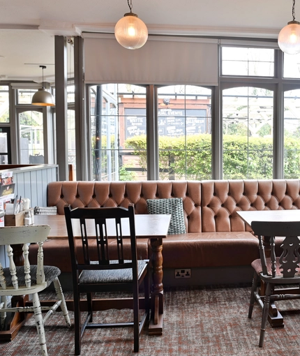 Interior dining area of a pub.