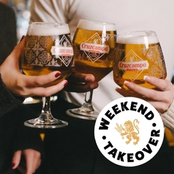 A banner of two pints of Cruzcampo in a cheers position with a 'Weekend takeover' logo for Greene King Belhaven venues.