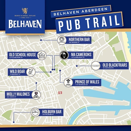 A mobile size Belhaven graphic map showing the pub trail walking tour route in Aberdeen.