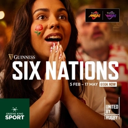 A banner promoting the 6 Nations Rugby at selected Greene King Venues.