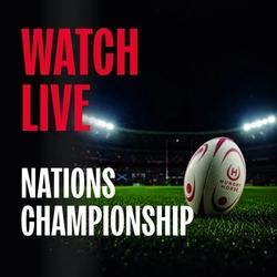 A banner with a red background featuring a rugby player and the wording "Watch Live - Nations Championship - Book Your Seat" to advertise a sporting event at Hungry Horse venues.