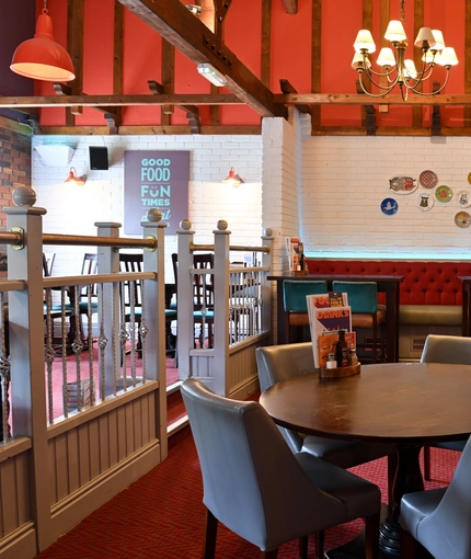 Interior dining area of a pub.