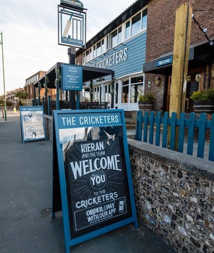 Exterior A board outside the Cricketers pub in Southwick
