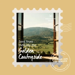 A Hotel Stamps graphic showing rolling green hills to advertise locations of Greene King Inns.