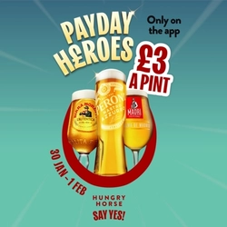 A banner promoting World Lagers at £3 per Pint from Jan 30th to 1st Feb at Hungry Horse venues.