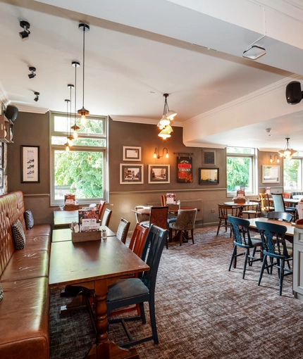 Interior dining area of a pub.