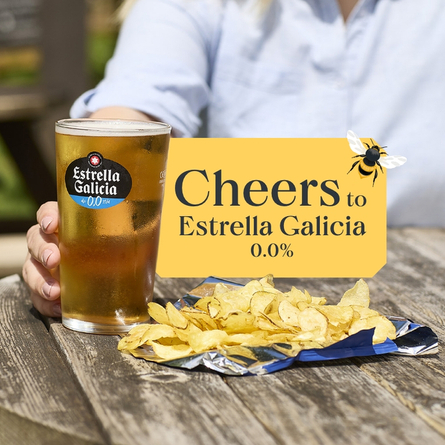 A  768x768 size web homepage promo banner advertising Estrella Galicia 0.0% at Chef & Brewer venues this Summer.
