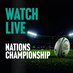 A banner with a green background featuring a rugby player and the wording "Watch Live - Nations Championship - Book Your Seat" to advertise a sporting event at Greene King Pubs.