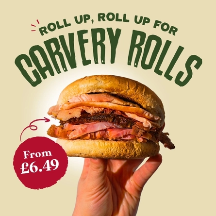 A banner showing a hand holding up a Farmhouse Inns Carvery Roll, below the words "Roll up, roll up for Carvery Rolls". A curly red arrow points from a red circle with the words "From £6.49" to the roll.