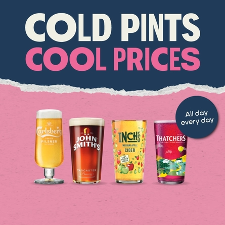 A graphic promoting 'cold pints cool prices' for Pub and Social.