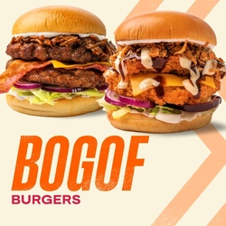 Promotional banner featuring the text “BOGOF Burgers” on a light beige background with orange chevron graphics. Two stacked burgers are shown: a crispy chicken burger topped with cheese, sauces, crispy onions, lettuce and red onion, and a beef burger layered with pulled meat, bacon, cheese, lettuce and red onion.