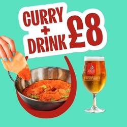 A graphic banner advertising 'curry and a drink only £8.00' at Hungry Horse venues 