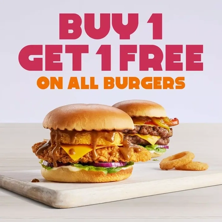 Buy one get one free on selected burgers