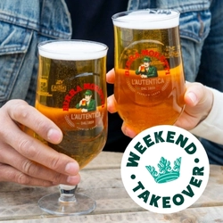 A banner of two pints of Moretti in a cheers position with a 'Weekend takeover' logo for Greene King Pubs.