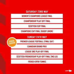 A banner displaying televised Sports events during May being shown at selected Greene King Sport and Hungry Horse venues.