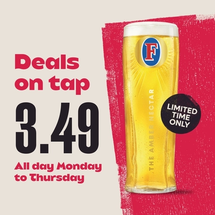 A graphic promoting "Deals on Tap" for Fosters at Flaming Grill.