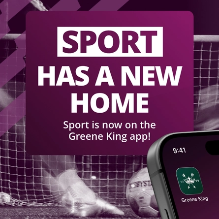 Purple sports promotion banner announcing “Sport Has a New Home” on the Greene King app, with a football goal, ball, and smartphone showing the app.