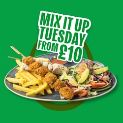 Promotional graphic reading “Mix It Up Tuesday From £10” above chicken skewers served with chips, side salad and a dipping sauce, displayed on a green background with a horseshoe graphic.