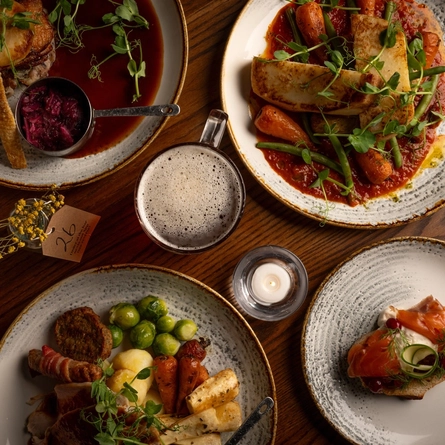 A variety of dishes on a table.