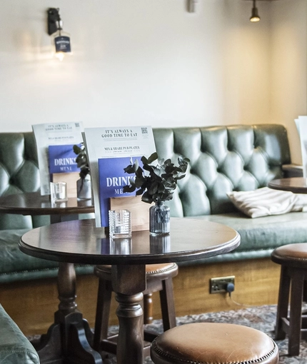 The interior restaurant seating area at The Bull.