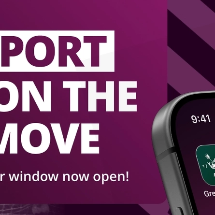 A banner featuring the words "Sport is on the move, transfer window now open!" with an image of a football and goal net in the background, and an image of the Greene King app icon on a smartphone screen in the corner.