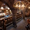 An elevated image showing the interior bar and restaurant seating area with wooden gothic arched carvings, tiled flooring and stone vaulted ceiling at The Watergates Bar.