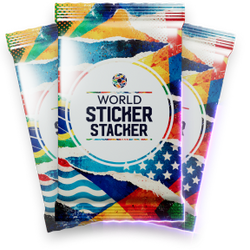 Three packets of football cards with the words "World Sticker Stacker" on the front, on a transparent background.