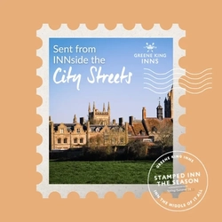 A Hotel Stamps graphic showing an historic building to advertise locations of Greene King Inns.