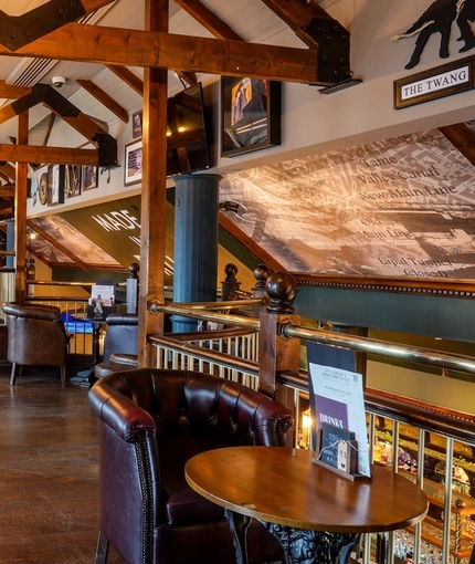Interior seating area on a mezzanine