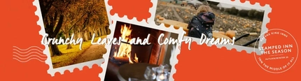 A banner showing the words "Crunchy leaves and comfy dreams" in front of images of autumnal scenes.