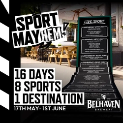 A banner promoting the Sports Mayhem Campaign in select Belhaven venues.