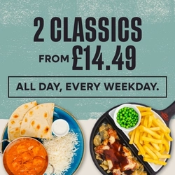 A graphic banner promoting classics at Flaming Grill venues '2 classics from £ all day every weekday.'