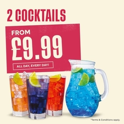 A graphic banner promoting BOGOF cocktails at Flaming Grill venues '2 cocktails from £9.99 all day every day.'