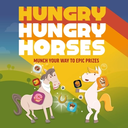 A graphic promoting the Hungry Hungry Horses game at Hungry Horse.