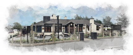 A render of the exterior facade, beer garden and seating area for the Crown.