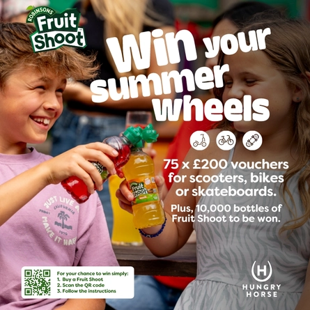 A banner promoting a chance to win vouchers for scooters, bikes, or skateboards, and free Fruit Shoot bottles at Hungry Horse venues.