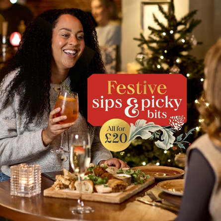 A 768x894 Webpage Header Static Banner advertising Festive Sips & Picky Bits at Chef & Brewer Venues.