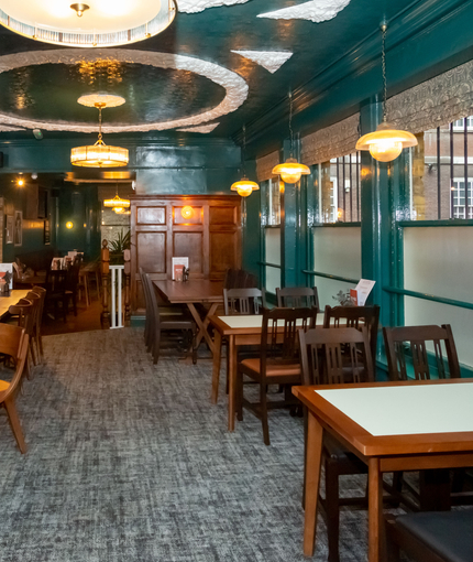 Interior of the pub in the seating area.