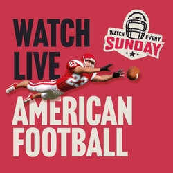 Promotional graphic for live American football featuring the text “Watch Live American Football” and “Watch Every Sunday” on a red background. An American football player in a red and white uniform dives forward to catch a football, with a helmet-themed logo displayed alongside the text.