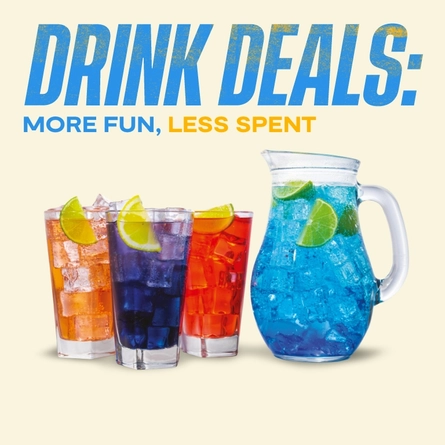 A graphic banner promoting drink deals at Flaming Grill venues 'Drink deals, more fun, less spent.'