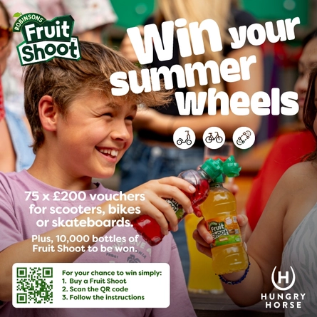 A banner promoting a chance to win vouchers for scooters, bikes, or skateboards, and free Fruit Shoot bottles at Hungry Horse venues.