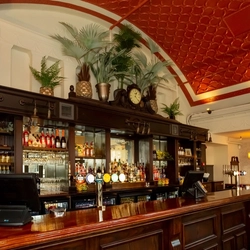 Full shot of the bar with shelving displays of alcohol and beers on tap