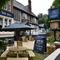 A beer garden outside of a pub
