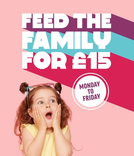 A banner promoting Feed the Family for £15 at Hungry Horse pubs.