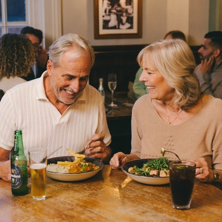 Two people sitting at a restaurant table, eating from the plates of food in front of them. Salt and pepper mills, glasses of drinks, and a bottle of Heineken 0.0% alcohol beer also sit on the table.