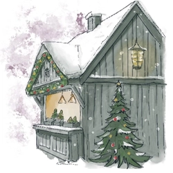 Illustration of a German market cabin for the Nottingham Winter Wonderland.