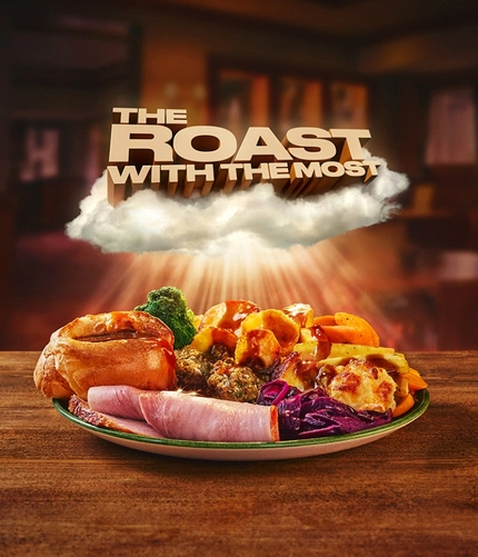 A banner featuring a roast dinner served on a plate, promoting "Roast With The Most" at Farmhouse Inns.